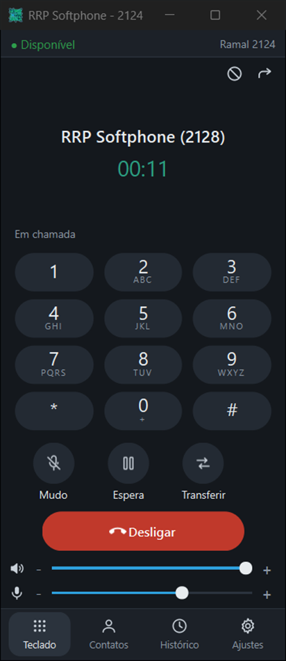 RRP Softphone: chamada em andamento, com mudo, espera e transferência