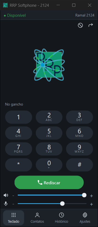 RRP Softphone: teclado, com o ramal disponível